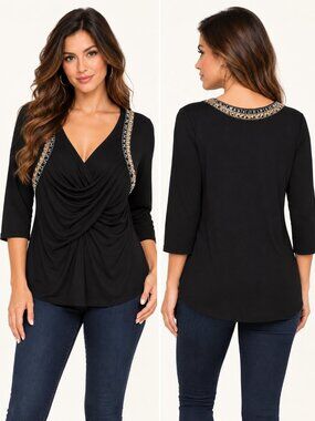 Venus Black Ruched V-Neck Embellished Trim Blouse Size 18